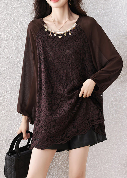 Chocolate Oversized Star Decorated Lace Shirt Tops Fall