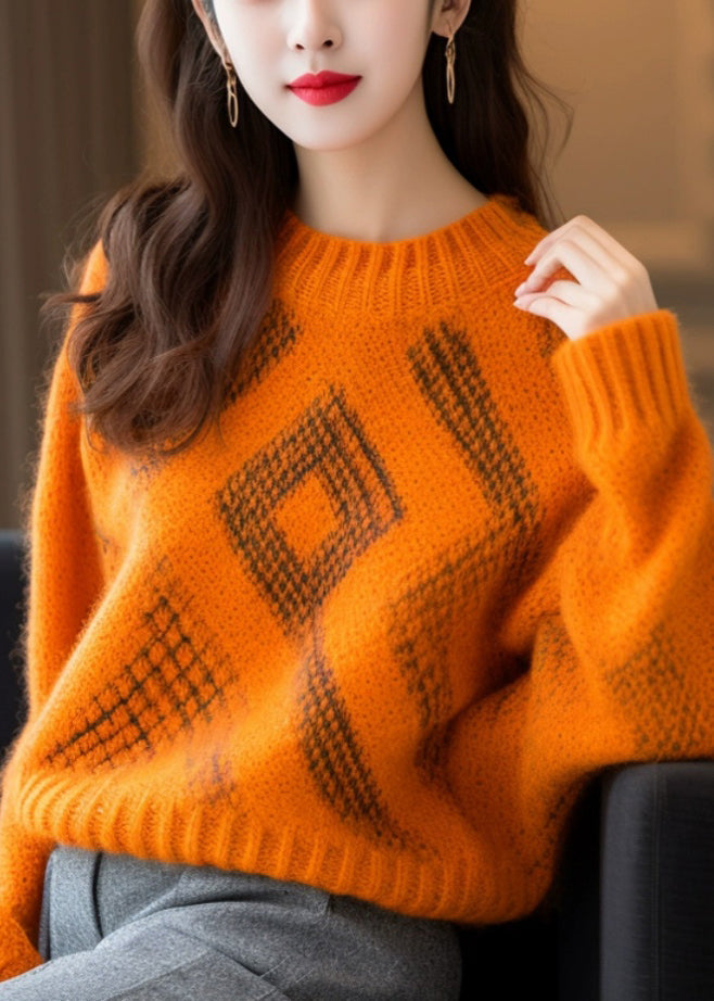 Orange O Neck Cozy Thick Cotton Knit Sweaters Long Sleeve