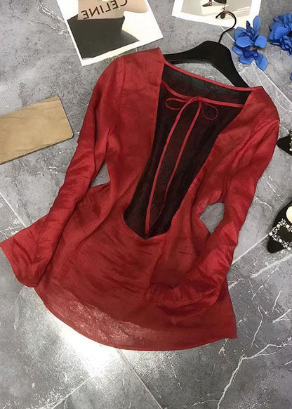 Red Back Lace Up Patchwork Cotton Tops Fall