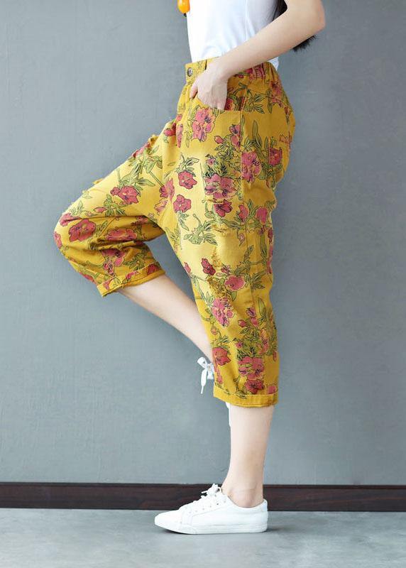 Yellow Button Pockets Print Fall Crop Pants Cotton