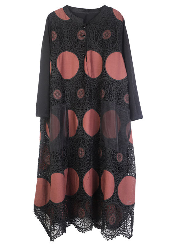 Chocolate Embroideried Pockets Lace Dress Spring