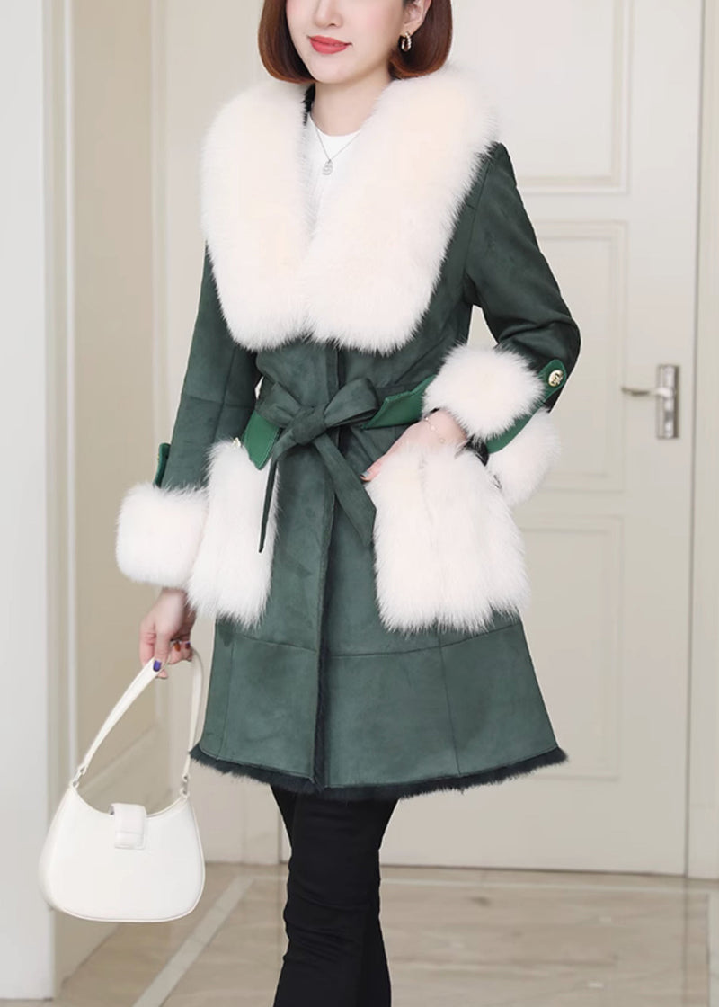 French Green Fox Collar Tie Waist Leather and Fur Coats Winter