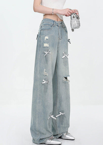 New Blue Bow Hole High Waist Denim Pants Fall