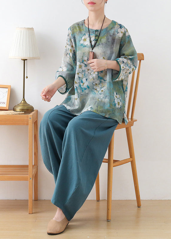 Boutique Blue Green Print Button Linen Shirt Tops Three Quarter Sleeve