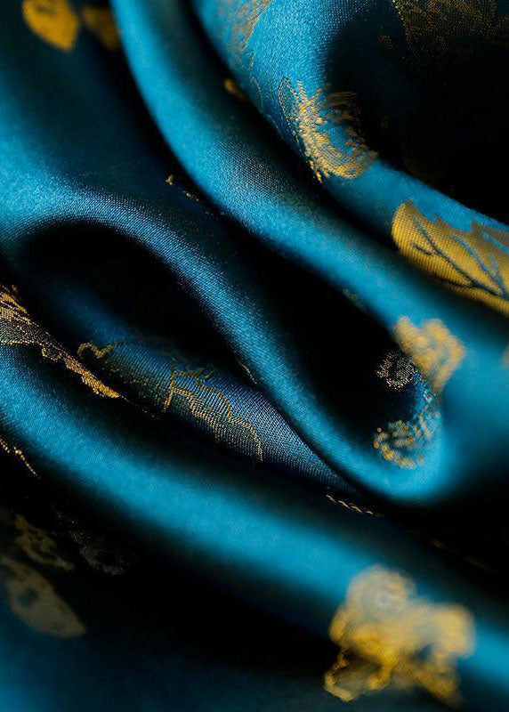 Blue Stand Collar Patchwork Jacquard Silk Shirt Top Fall