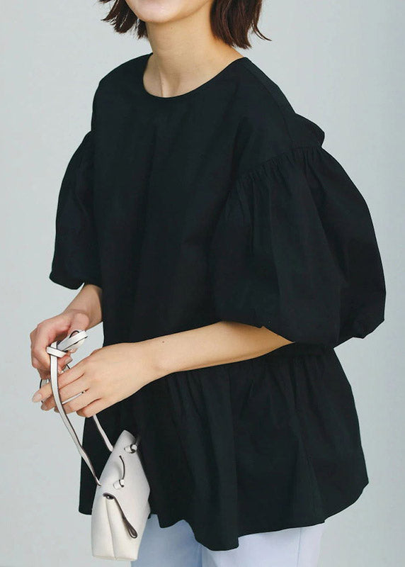 Black O-neck Wrinkled Cotton Shirt Puff Sleeve