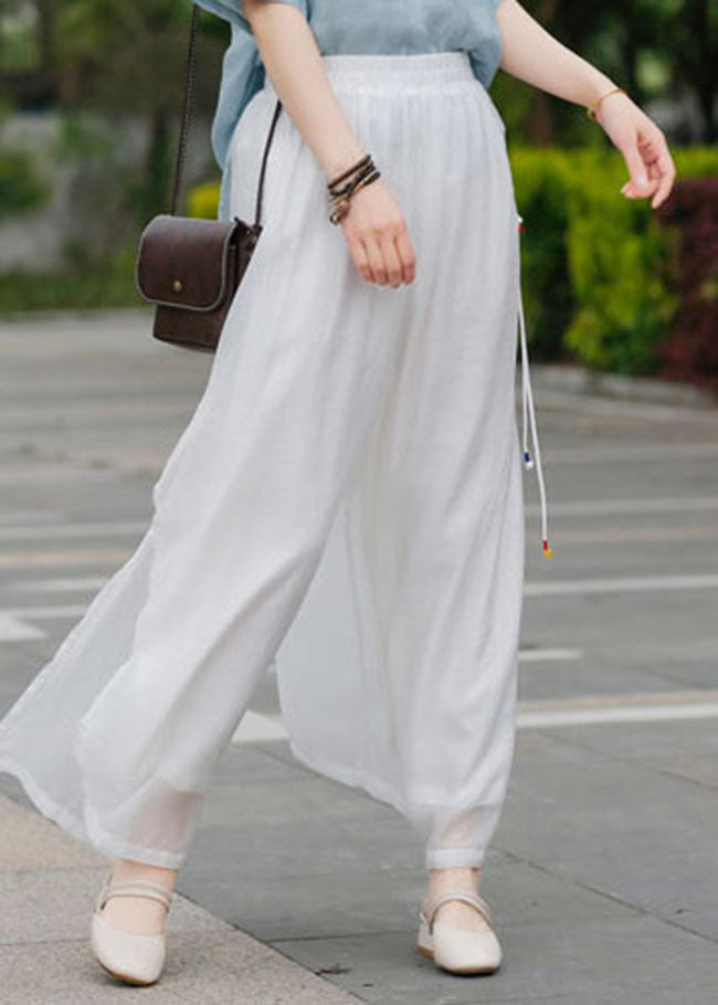 Loose White Elastic Waist Embroideried Linen Pants Spring