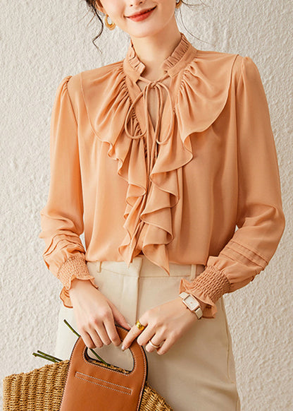 Orange Stand Collar Tops Lantern Sleeve