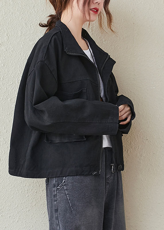 Black Pockets Zippered Drawstring Fall Denim Long Sleeve Coat