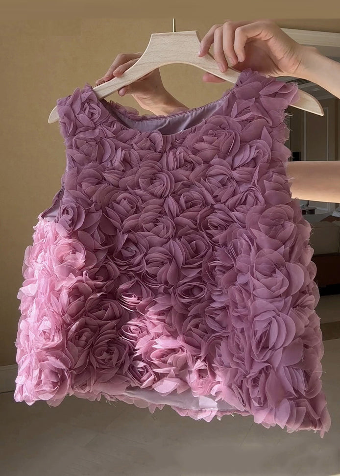 Pink O-neck Tulle Tank Sleeveless