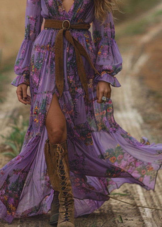 -purple-v-neck-print-patchwork-chiffon-holiday-dress-spring
