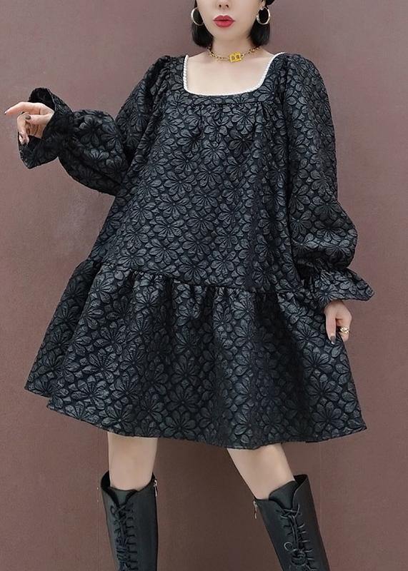 French Square Collar Patchwork Spring Tunic Sewing Black Flower Dress