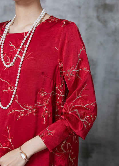 Red Embroidered Silk Blouses Fall