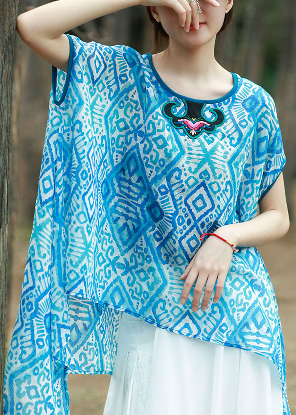 Blue Asymmetrical Design O-neck Embroideried Print Tops Spring