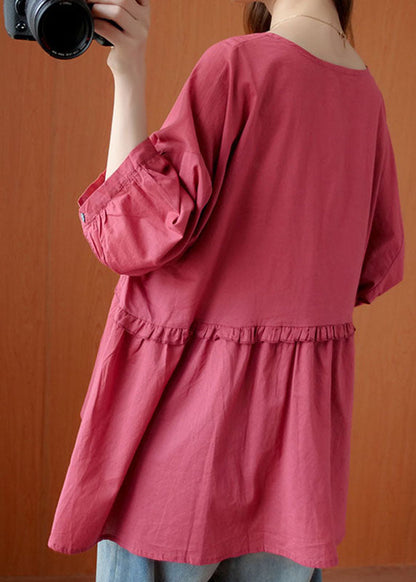Rose V Neck Button Asymmetrical Design Ruffled Fall Shirt Half Sleeve