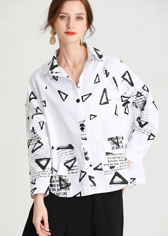 White Loose Print Fall Cotton Long Sleeve Shirt Top
