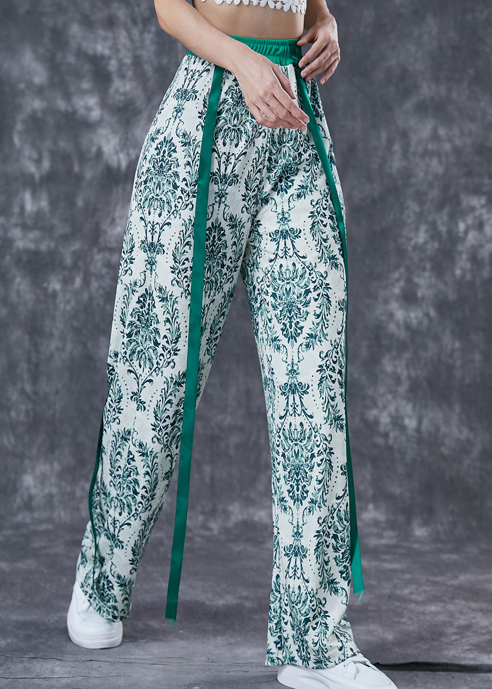Green Print Ribbon Cotton Straight Pants Fall