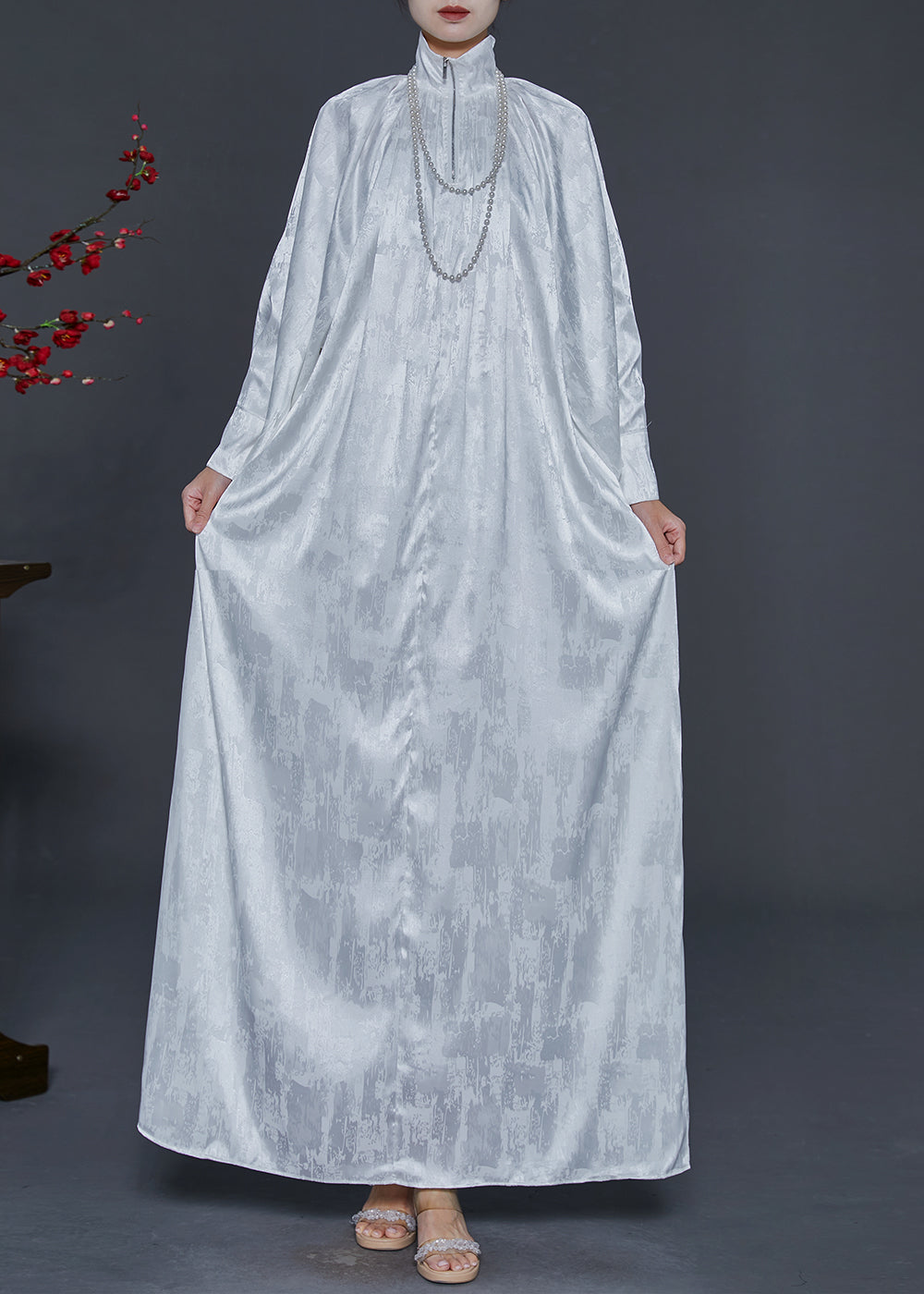 White Zip Up Jacquard Wear on Both Sides Silk Long Dress Fall