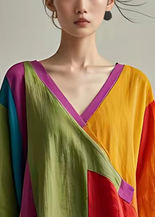 Yellow Asymmetrical Patchwork Linen Tops Bracelet Sleeve