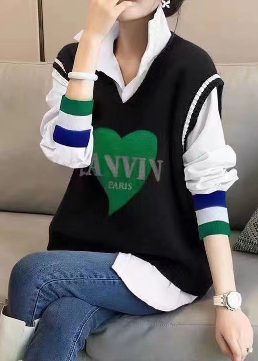 Modern Black Peter Pan Collar Shirts and Vest Knit Two Pieces Set Fall