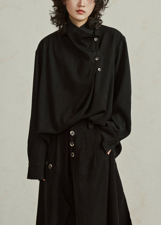 Black Stand Collar Patchwork Tops Fall