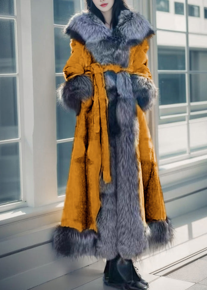 Natural White Fox Collar Tie Waist Leather and Fur Maxi Coats Winter
