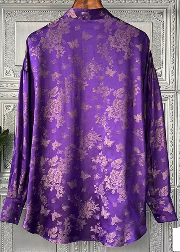 French Purple Stand Collar Print Bow Silk Shirt Tops Long Sleeve