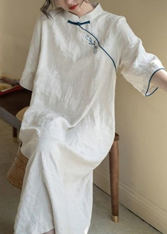 Chinese Style Apricot Stand Collar Tie Waist Long Dress Fall
