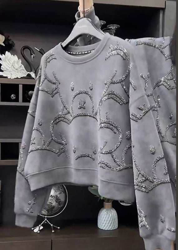 Grey O-neck Sequins Sweatshirt Fall