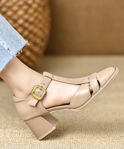 Brown Chunky Heel Cowhide Leather Fine Splicing Sandals