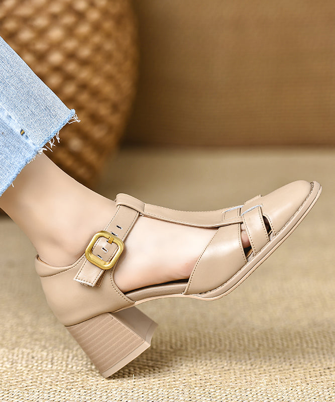 Brown Chunky Heel Cowhide Leather Fine Splicing Sandals