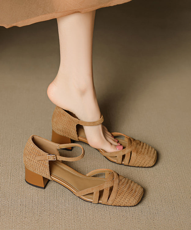 Buckle Strap Splicing Chunky Sandals Caramel Suede