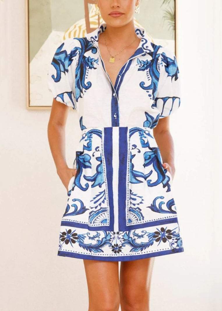New Blue Stand Collar Shirts and Skirts Linen Two Pieces Set Summer