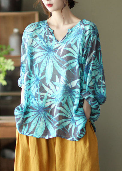 Blue V Neck Loose Fall Long Sleeve Shirt Top