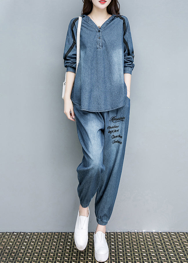 Blue Embroideried Cotton Hooded Coats and Pants Two Pieces Set Fall