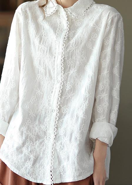 White Embroidery Shirts Lapel White Button Loose Spring Blouse
