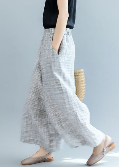 French Grey Elastic Waist Linen Wide Leg Pants Spring