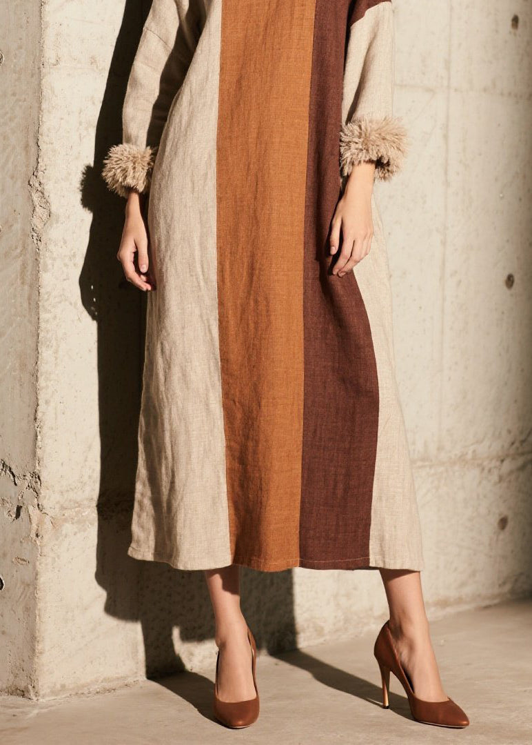 Colorblock Hign Neck Patchwork Cotton Dress Fall