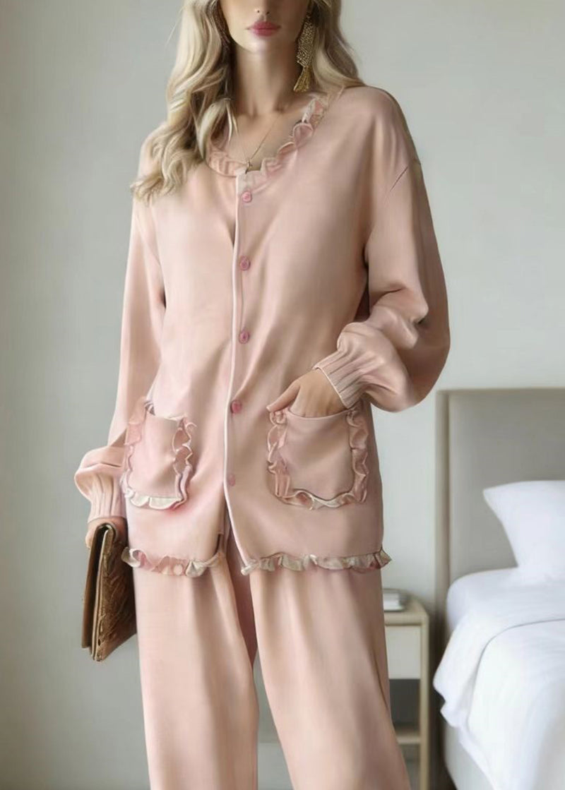 Pink Ruffled Patchwork Pajamas Two Piece Set Long Sleeve