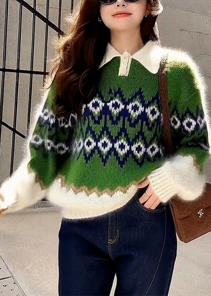 Green Oversized Print Thick Knitted Tops Spring