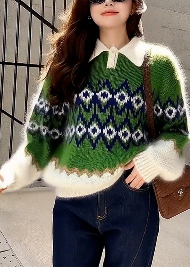 Green Oversized Print Thick Knitted Tops Spring