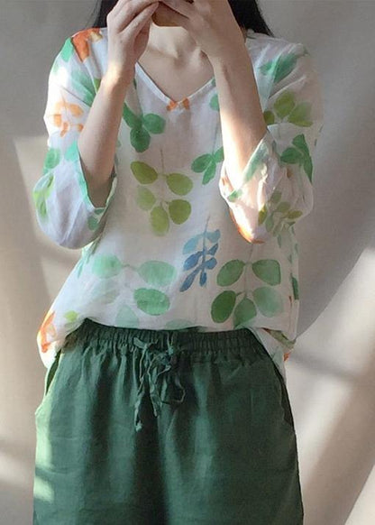 Classy O Neck Blouses for Shape Green Leaf Print Shirts