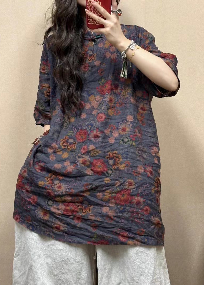 Red Stand Collar Button Print Linen Blouses Half Sleeve