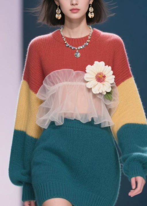 New Colorblock Tulle Ruffled Knit Sweater Dress Winter
