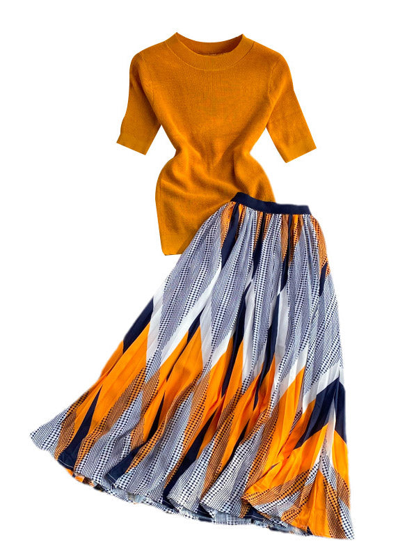 Organic Orange Knit Top and Skirts Two Piece Set Clothing Summer