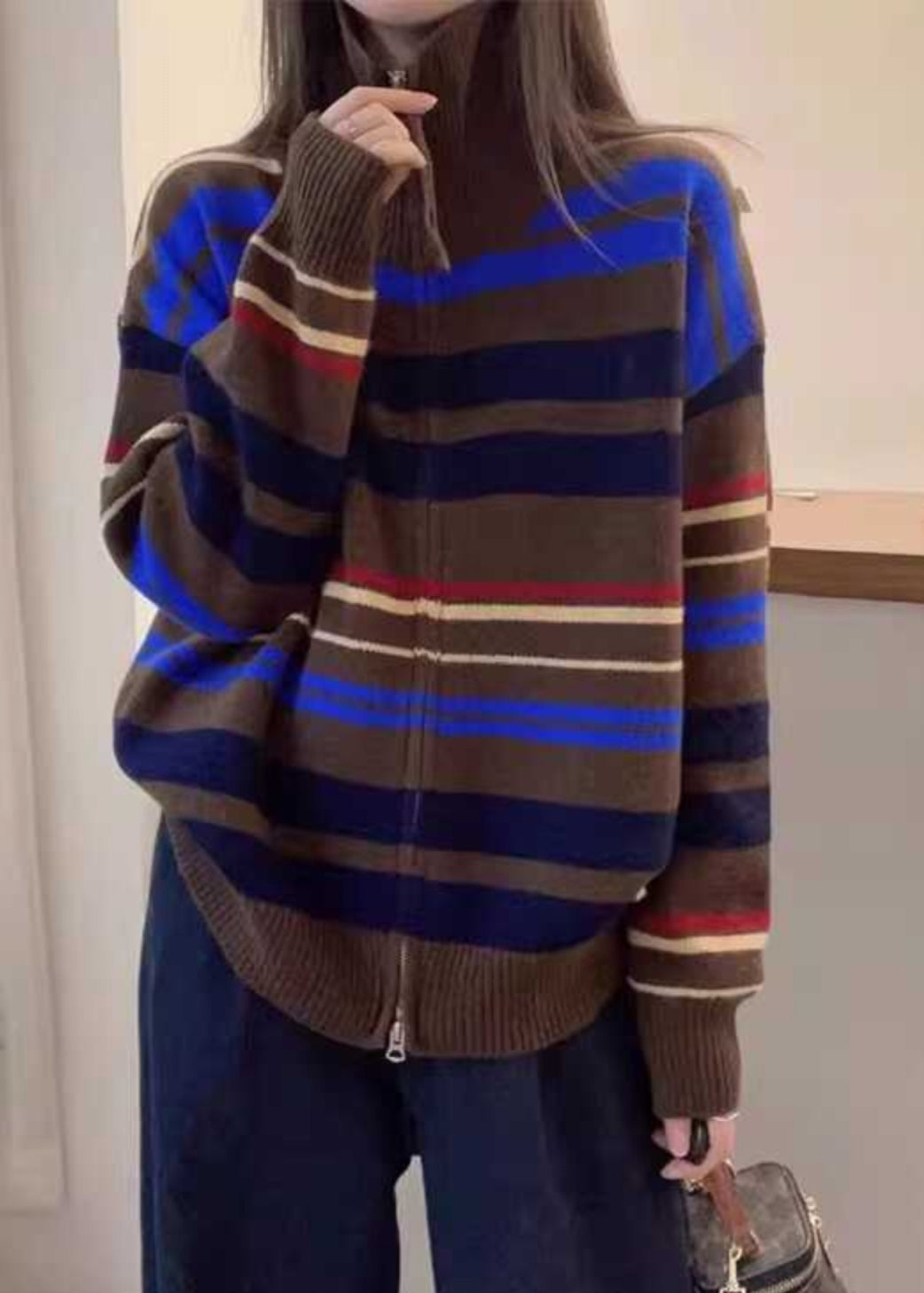 White Striped Patchwork Zippered Cotton Knit Sweaters Fall