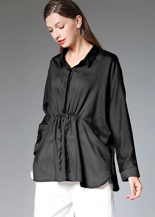 Black Wrinkled Tie Waist Fall Blouses Long Sleeve