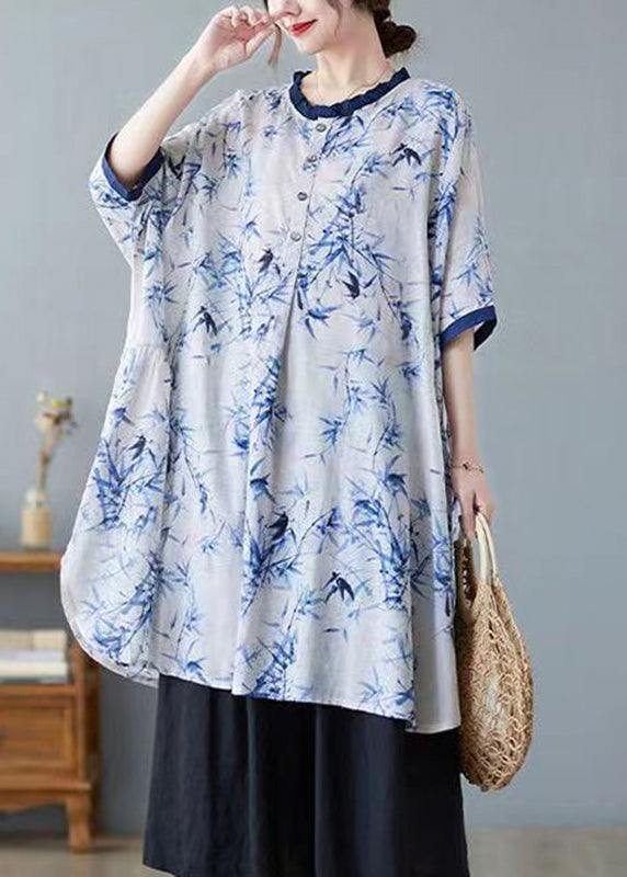 Grey Print Ruffled Patchwork Tops Short Sleeve
