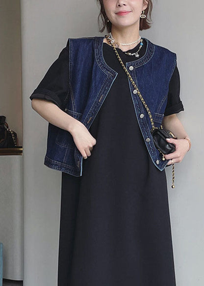 Navy O-neck Pockets Cotton Denim Vests Sleeveless