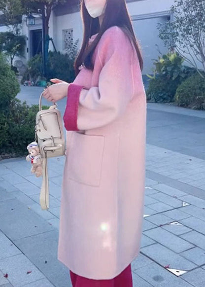 Gradient Color Rose Woolen Coats and Wide Leg Pants Two Pieces Set Fall